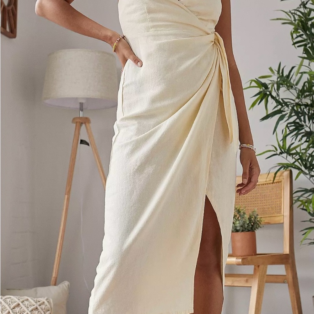 Urban Outfitters Linen Blend Cream Wrap Dress Medium